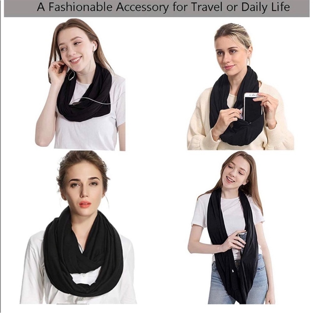Beyond Yoga Hidden Zipper Cell Phone Pocket Infinity Scarf in Black Jersey Knit - Picture 3 of 11